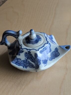 Blue and White Floral Small Ceramic Teapot Decorative Accent